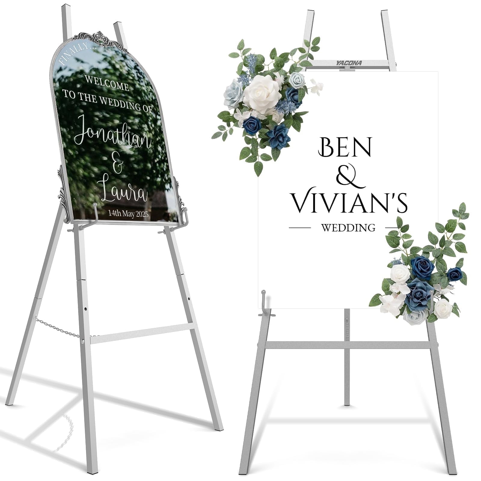 Yacona Easel Stand for Sign, Adjustable Metal Easels for Display with Adjustment Chain, Heavy Duty Poster Stand, for Wedding Sign, Poster, Painting, Displays, Sliver