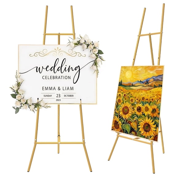 Yacona Gold Easel Stand for Sign, Durable Metal Round Pipe Display Stand, Adjustable Height and Angle, for Painting, Wedding, Poster
