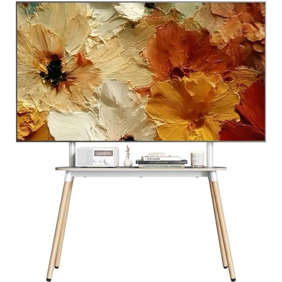 Easel TV Stand, Four Legged Height Adjustable Floor Mount Display Holder, Freestanding Television Rack With Media Storage Shelf And Cable Management, Modern Style, White, 1 Pack