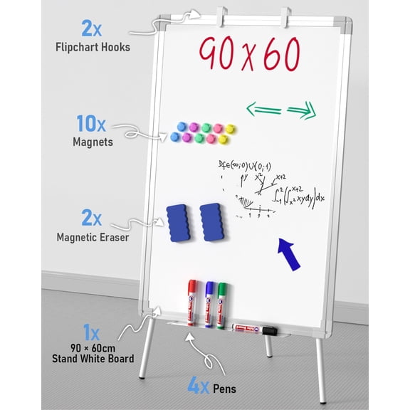 Easel Whiteboard with Stand, 36 x 24'' Magnetic Dry Erase White Board Tripod Height Adjustable with Pens, Eraser, Magnet, Flipchart Easel Stand White Board for Kid Student Office Home Classroom