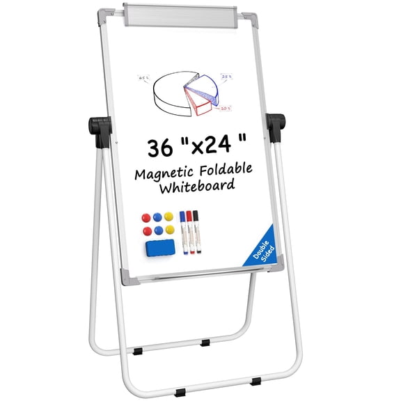 Easel Whiteboard With Stand 36" X 24" Double-sided Dry Erased Flip Chart Height Adjustable Foldable Portable For Home Office Classroom Teaching