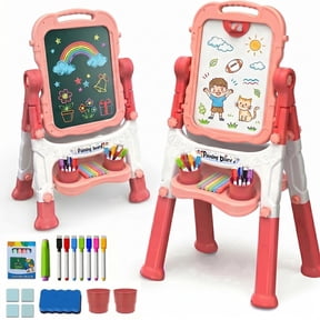 Art Easel for Kids, Adjustable Standing Double Sided Drawing Board with Painting Accessories, Rotatable Educational Toy for Boys Girls, Pink