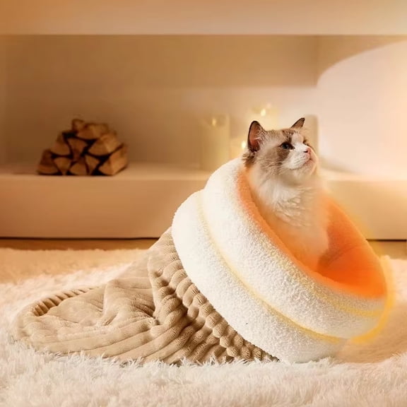 Easeprosper 4‑in‑1 Convertible Cat Bed, Self‑Warming Plush Cat Cave Hideaway, Double‑Sided Faux Fur Pet Sleeping Bag, 21 x 17 Inch