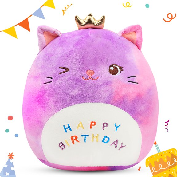 Easfan 12'' Rainbow Birthday Kitty Plush Pillow Soft Cat Plush Toy Cute Kitty Stuffed Animal Home Room Decoration Birthday Gifts for Kids Toddlers Y114
