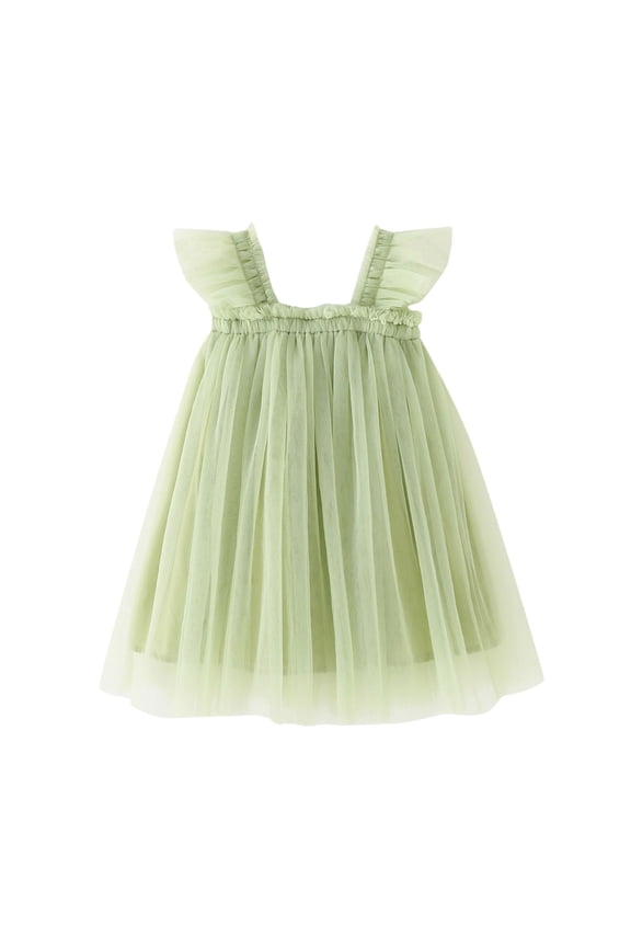 Baby Clothes Girl's Mesh Long Sleeve Peter Pan Collar Casual Vintage A-line Party Belted Dress Green 5-6 Years