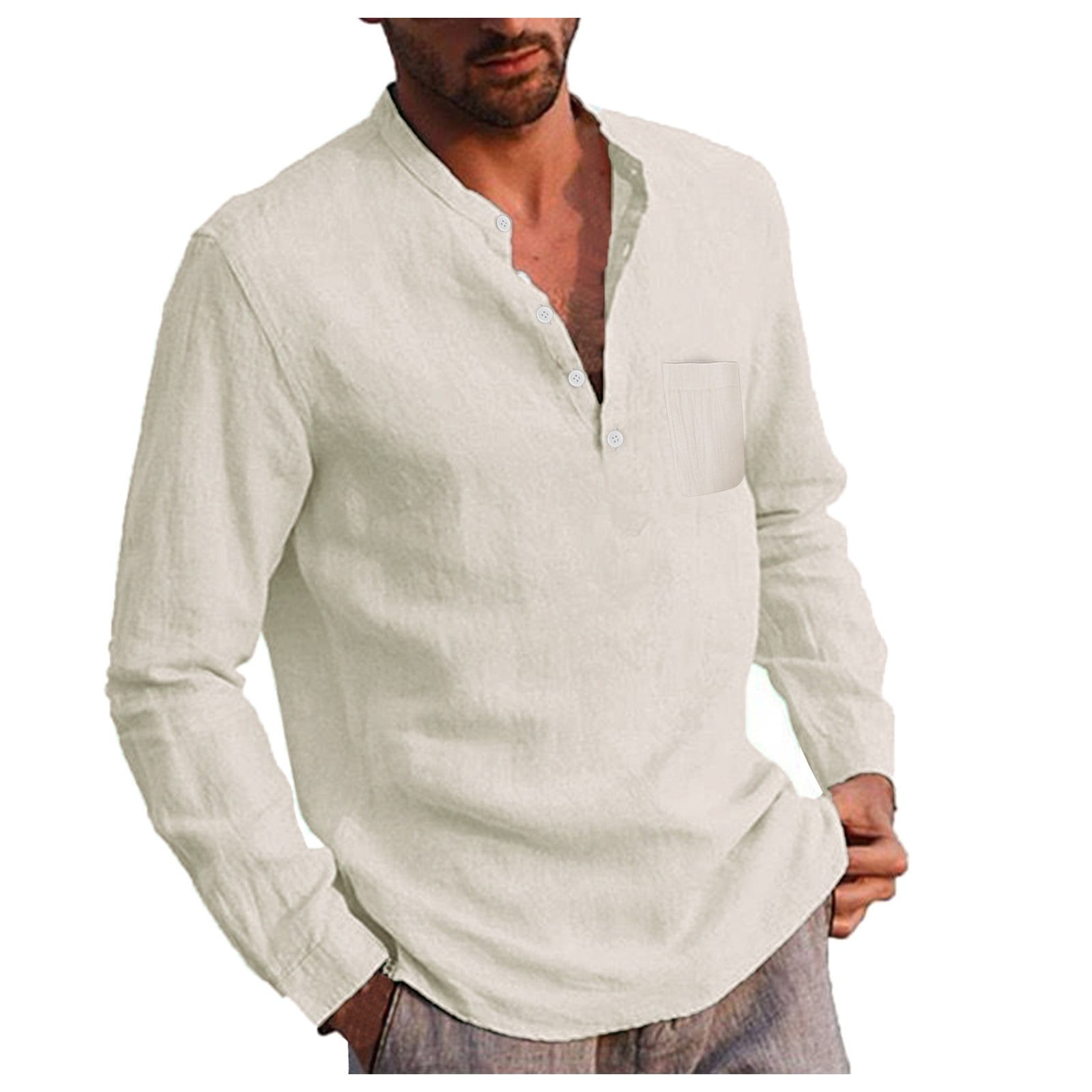 Eashery Beach Shirts For Men Men's Banded Collar Dress Shirt Long ...