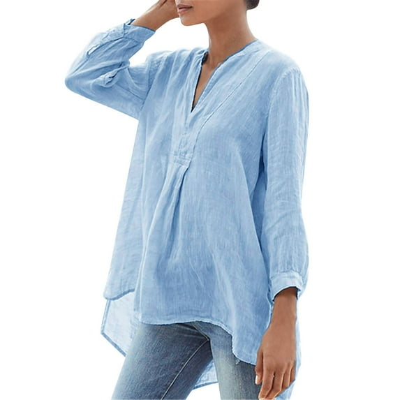 Eashery Button Down Shirts for Women V Neck Long Sleeve Button Down Blouses Tops Casual Button Down Lapel Collar Tops Workout Tank Tops for Women (Blue,Small)