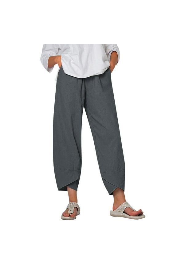 Capri Pants for Women Dressy Plus Size Relaxed Fit All Day Drawstring Elastic Waist Long Straight Pants Plus Size Yoga Pants for Women (Solid Color,Grey,XL)