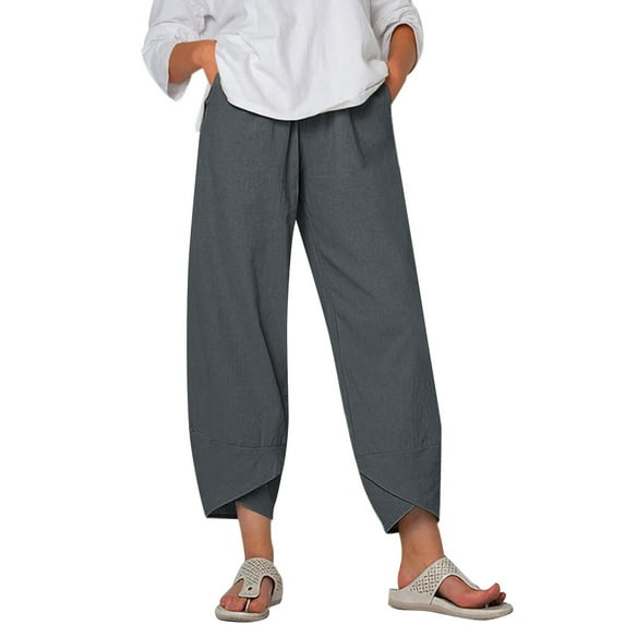 Eashery Capri Pants for Women Dressy Stretchy Wide Leg Drawstring Elastic Waist Long Straight Pants Linen Pants (Solid Color,Grey,XXL)