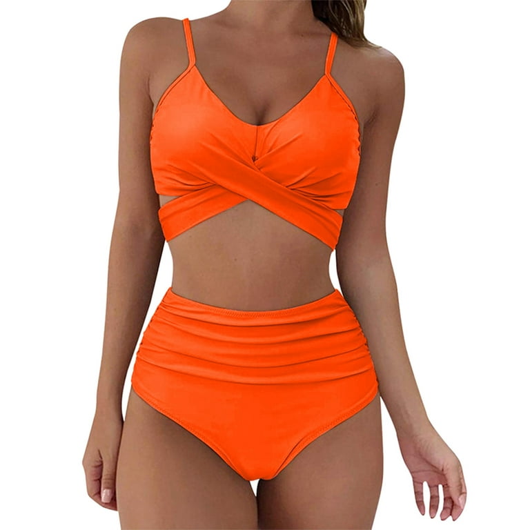 Eashery Cute Bikinis For Women Women Two Piece Swimsuits High Waisted Bikini  Set Tummy Control Ruched Tie Knot Bathing Suits with Bottom Orange 