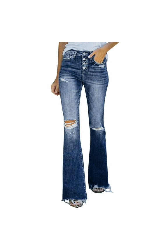 Jeans Women High Waisted Flare Jeans Patch Pocket Wide Leg Jeans Distressed Jeans for Women (Blue,XL)