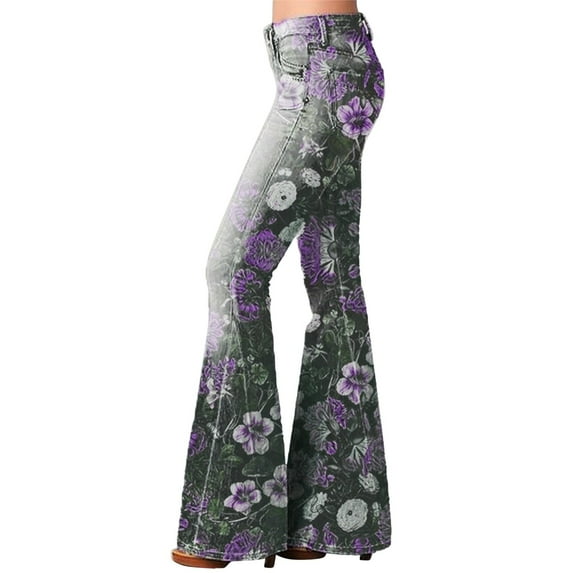 Eashery Jeans for Women 70s Trendy Flare Fitted Bell Bottom Denim Jeans Retro Wide Leg Denim Pants Pull On Jeans for Women (Purple,XL)