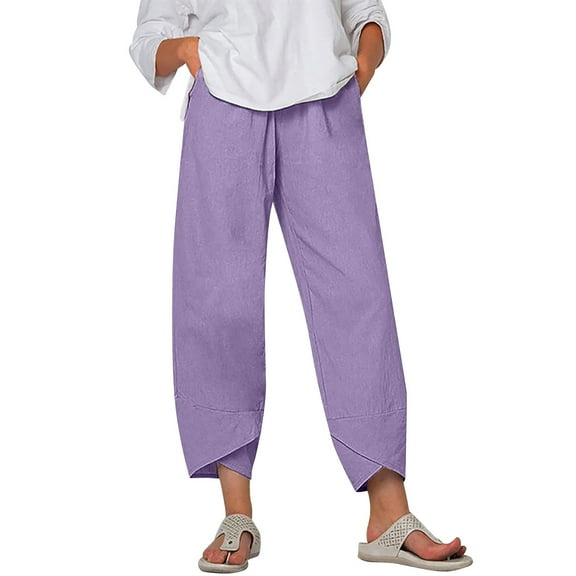 Eashery Linen Pants for Women Drawstring Casual Flowy Pants Elastic Waist Yoga Beach Trousers Pants Linen Capri Pants for Women (Solid Color,Purple,L)