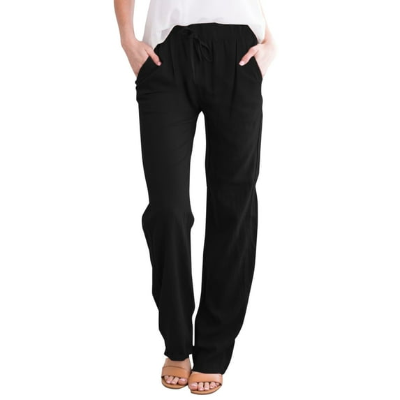 Eashery Linen Pants for Women Adjustable Lounge Trousers Casual Cotton and Linen White Cargo Pants for Women (Solid Color,Black,S)