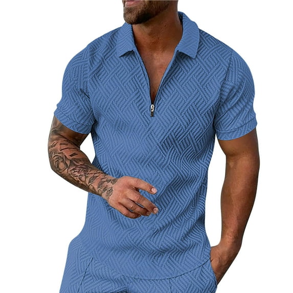 Eashery Man Summer Fashion Polo shirt Turn Down Collar Zipper Mens Top Shirts Blue 2XL