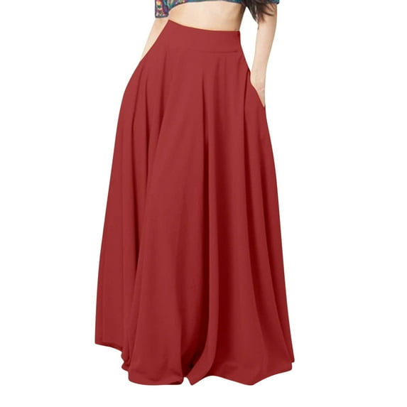 Eashery Maxi Dress For Women Women's 2023 Summer Bohemian Solid Color Lace Trim Flowy A Line Beach Long Maxi Skirt with Pockets Red L
