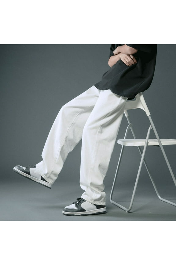 Men Pants Slim Fit High Waisted Jeans Men's Relaxed Fit Classic Jeans - Loose Fashion Baggy Comfort Plain Pants White Large