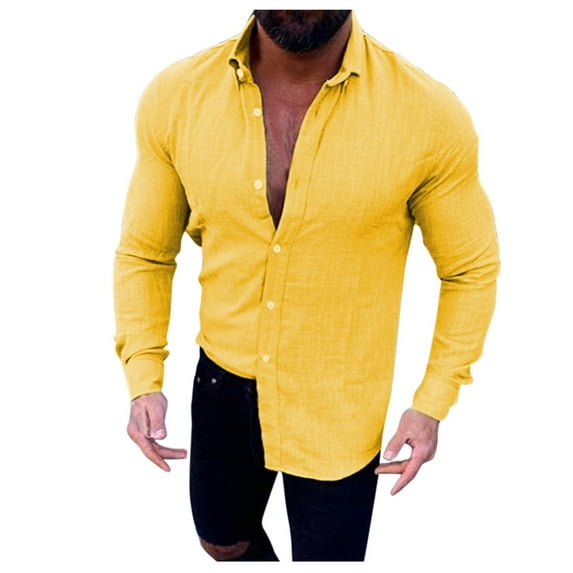 Eashery Men'S T-Shirts Men's Fashion Cotton Linen Shirt Long Sleeve Solid Color Ethnic Beach Yoga Top Yellow 3XL