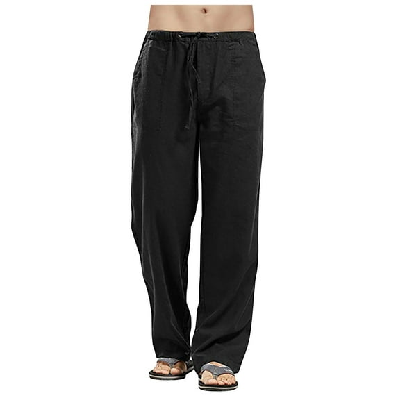 Eashery Men's Casual Linen Pants Adjustable Lounge Trousers Mid-Rise Stretch Work Pants Men Pants Casual (Solid Color,Black,3XL)