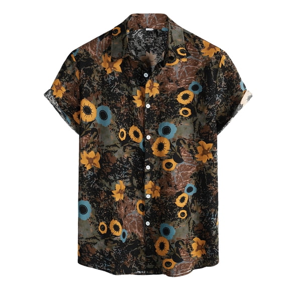 Eashery Mens Short Sleeve Button Down Shirts Lapel Tops Linen Button Down Shirt for Men Brown 3XL