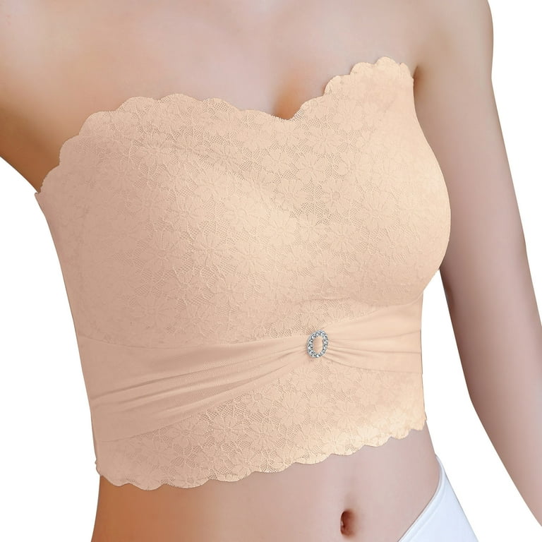 Eashery Padded Bras for Women Women's Slightly Lined Lift Great Support  Lace Strapless Bra Push Up Beige X-Large