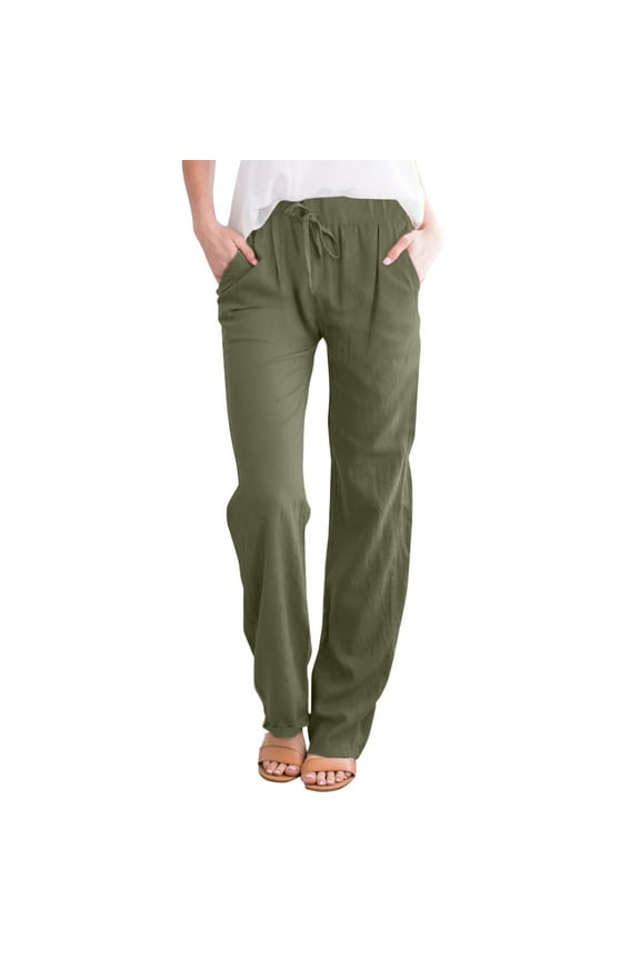 Pants for Women Casual Plus Size Plus Size Relaxed Fit All Day Cotton Linen Loose Fit Casual Pants High Waisted Trousers Women (Solid Color,Green,M)