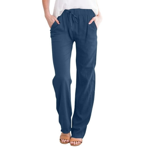 Eashery Pants for Women Casual Plus Size Stretchy Wide Leg Cotton Linen Loose Fit Casual Pants Sweatpants for Women (Solid Color,Blue,XL)