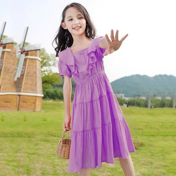 Eashery Toddler Dress Up Little Girls Kids Summer Chiffon Ruffle Mini Dress Square Neck Lantern Sleeve Short Dress Tulle Smocked Purple 3-4 Years
