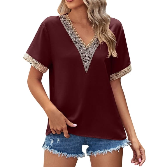 Eashery Tops For Women Womens Tops Summer Ruffle Short Sleeve V Neck T Shirts Loose Red L