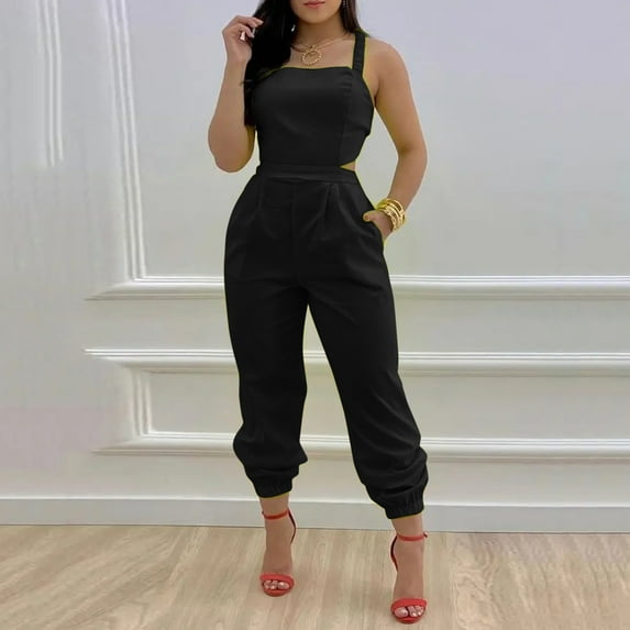 Eashery Women Casual Jumpsuit Sleeveless Stretchy Casual Jumpsuits for Women Plus Size Black XXL