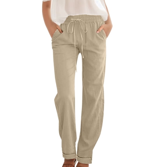 Eashery Women's Casual Linen Pants Plus Size Relaxed Fit All Day Female Long Trousers Womens Hiking Pants (Solid Color,Beige,3XL)