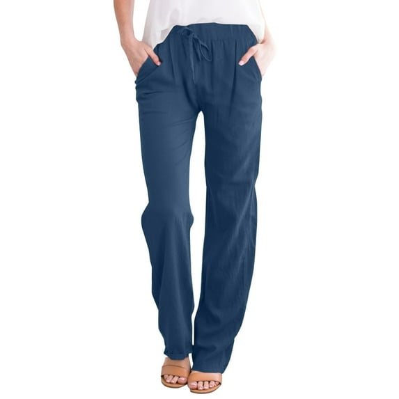 Eashery Women's Casual Linen Pants Plus Size Relaxed Fit All Day Pull On Dress Pants Womens Lounge Pants (Solid Color,Blue,XXL)