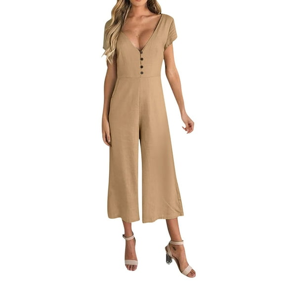 Eashery Women's Jumpsuit Relaxed Fit Cotton Linen Plus Size Jumpsuits for Women Khaki M