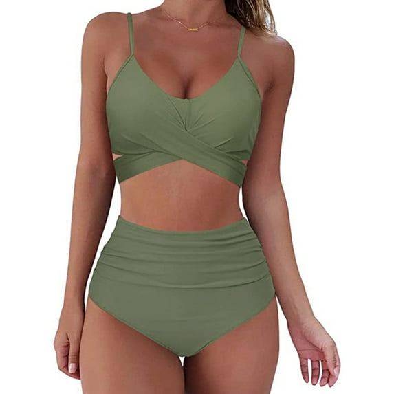 Eashery Women's Tankini Swimsuit Sets Women Soild Print Bikini Set Push Up Bathing Swimwear High waist Swimsuit Womens Swimwear Plus Size Army Green 2XL
