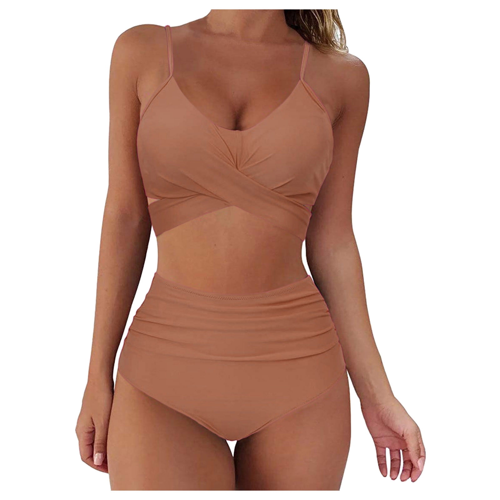 Eashery Women's Tankini Swimsuit Sets Women Solid Push Up High Cut Lace Up Halter Bikini Set Two Piece Swimsuit Womens Swimwear Plus Size Khaki XL