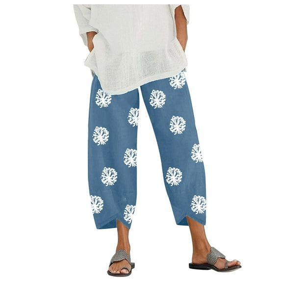Eashery Womens Capri Pants Casual Pants Drawstring Casual Flowy Pants Pull On Dress Pants Linen Capri Pants for Women (Print Color,Blue,M)