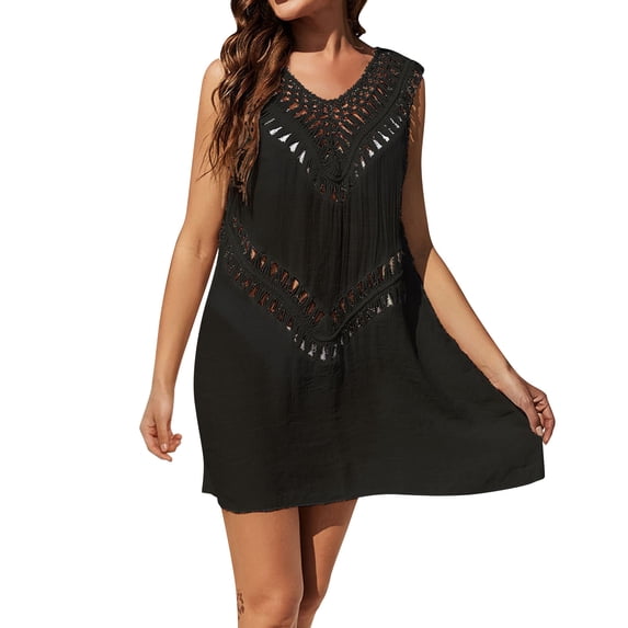 Eashery Womens Cover Ups For Swimwear Swimsuit Cover Ups Women Lace Crochet V-Neck Bikini Summer Beach Coverups Dress for Swimwear Bathing Suit Black XXL