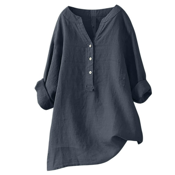 Eashery Womens Oversized Button Down Shirts Bamboo Cotton Linen V Neck Button Down Shirt Casual Blouses Long Sleeve Linen Collared T Shirts Plus Size Tops (Dark Gray,3X-Large)