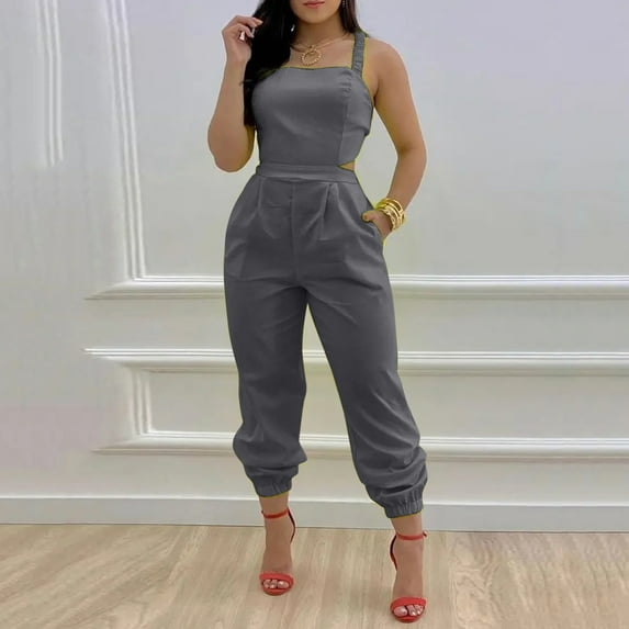 Eashery Womens Pants Solid Straight Leg Casual Women'S Jumpsuits Grey XL