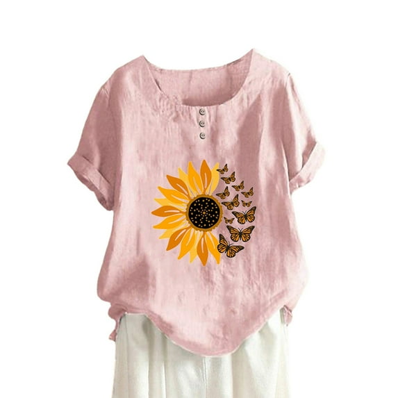 Eashery Womens Tops Plus Size Women Butterfly Floral Print Decorated Button Loose Casual Crewneck Short Sleeve T Shirt Tshirts For Women Red L