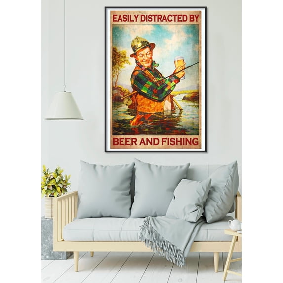 Easily Distracted By Beer And Fishing Poster, Fisherman Poster, Fishing and Beer Lovers, Living Home Poster,,Art prints, interior wall decoration, living room, bedroom, frameless 20x30inch