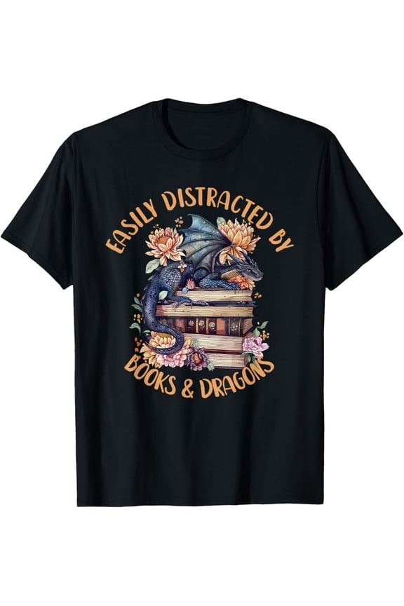 Easily Distracted By Books & Dragons Romantasy Book Lover T-Shirt, F748