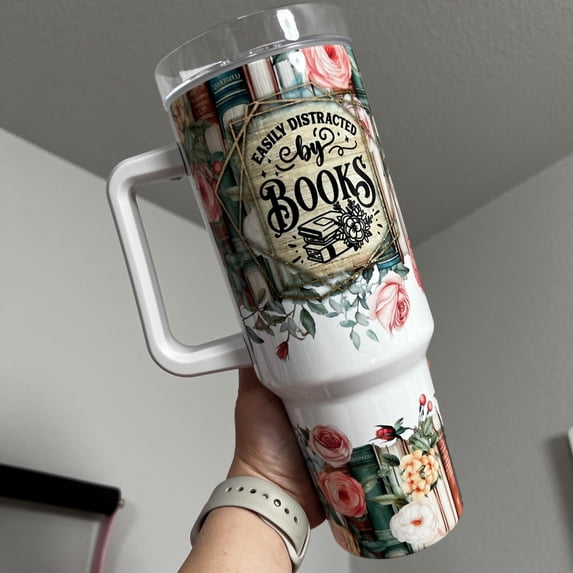 Easily Distracted By Books Tumbler, 40oz Insulated Stainless Steel Quencher