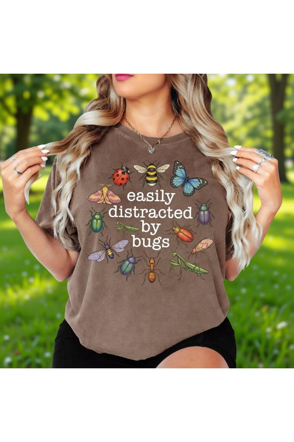 Easily Distracted By Bugs Shirt, Insect Lover Graphic Tee, Entomology Nature T Shirt, Womens Top, Science Humor Gift Idea