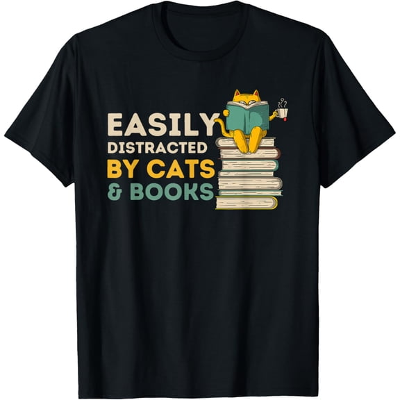 Easily Distracted By Cats And Books - Funny Book & Cat Lover T-Shirt