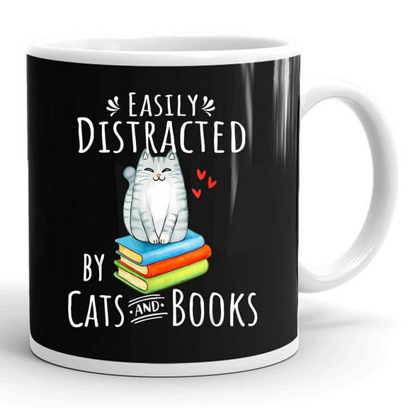 Easily Distracted By Cats And Books Funny Cat And Book Lover Gift Ceramic Mug 11oz (White;11oz)