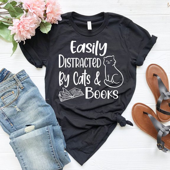 Easily Distracted By Cats And Books Shirt  Book Lover Shirt  Bookish Shirt Reading Shirt Book Lover Gift Kitten Lover Shirt Book Shirt