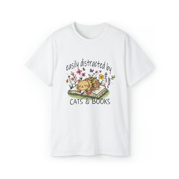 Easily Distracted By Cats And Books TShirt | Book Lover TShirt | Cute Cat And Book Lover TShirt | Unisex Ultra Cotton Tee