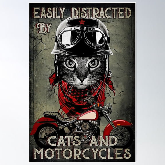 Easily Distracted By Cats And Motorcycles - Cat Biker Poster Wall Art, Modern Wall Decor For Living Room Bedroom, 8x12 UNFRAMED