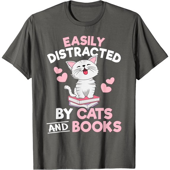 Easily Distracted By Cats and Books Cute Cat Book Lover Unisex T-Shirt for Men Women Kids Toddler,Charcoal Color,Size YXL